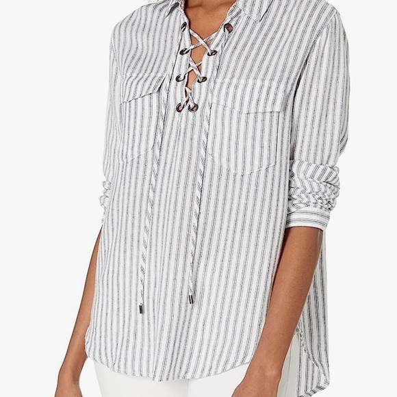 NWT Rails Matea Canela Stripe Linen Blend Lace Up Shirt Blouse Small - Picture 2 of 16